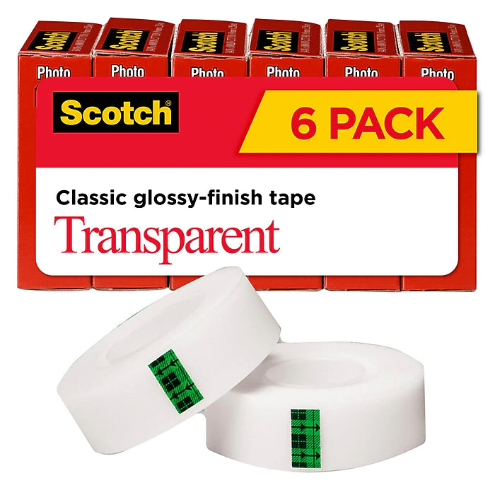 Scotch® Transparent Tape, Crystal Clear Clarity Finish, Glossy, 3/4" x 27.77 yds., 6 Rolls (600K6)