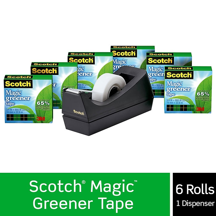 Scotch® Magic™ Greener Invisible Tape with Dispenser, 3/4" x 25 yds., 6 Rolls (812-6PC38)