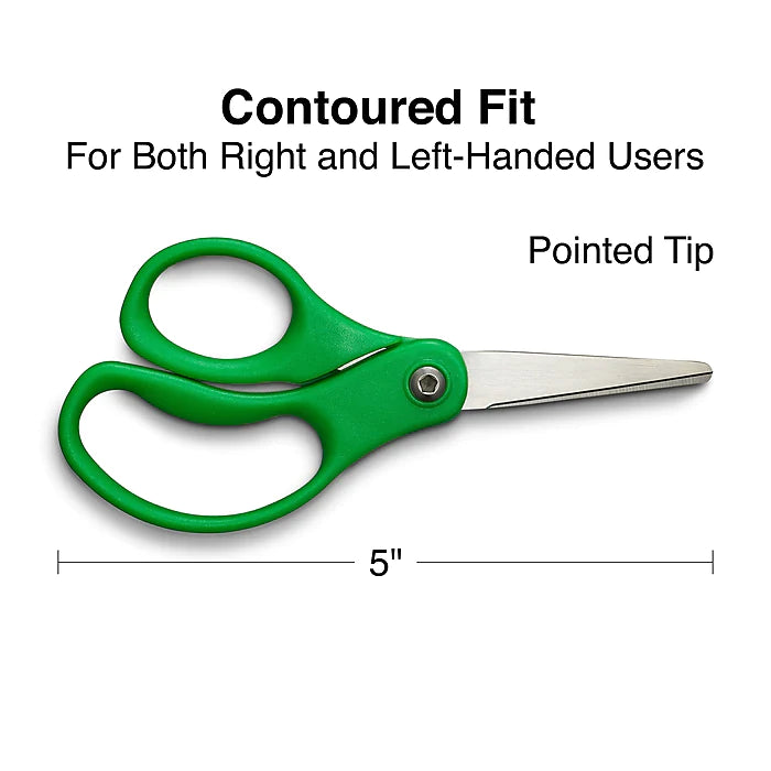 Staples 5" Kids Pointed Tip Stainless Steel Scissors, Straight Handle, Right & Left Handed, 2/Pack (TR55054)