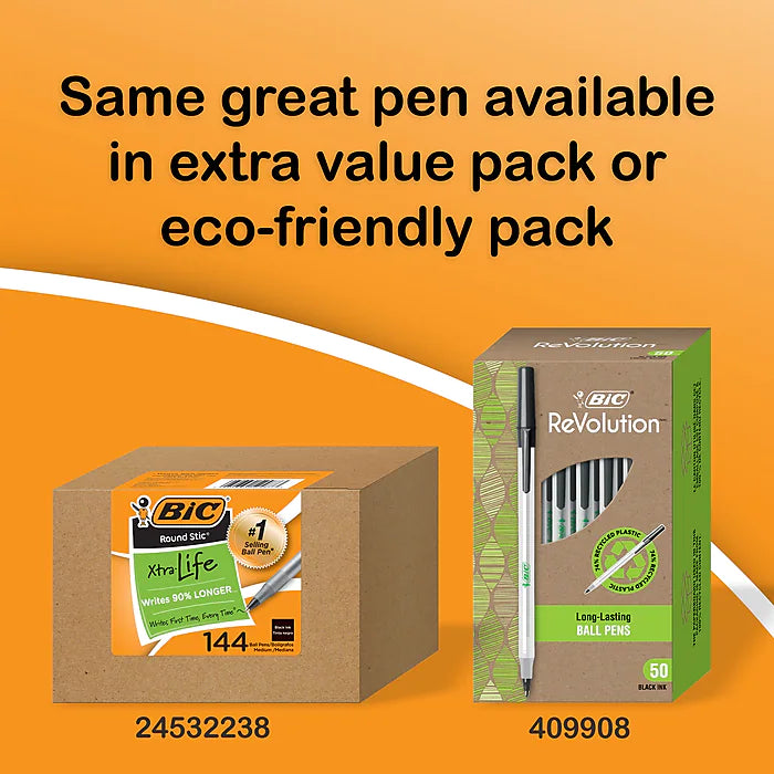 BIC Round Stic Xtra-Life Ballpoint Pen, Medium Point, Black Ink, 60/Pack (GSM609-BLK)