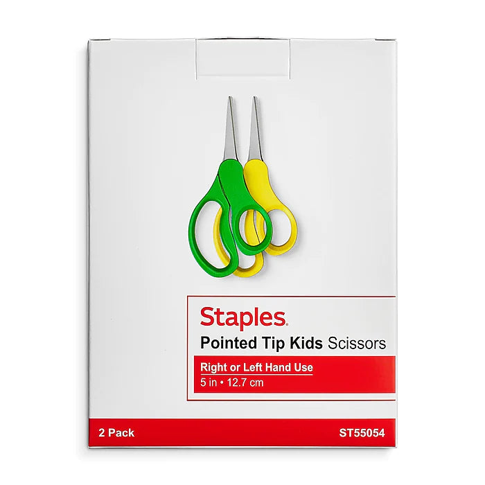 Staples 5" Kids Pointed Tip Stainless Steel Scissors, Straight Handle, Right & Left Handed, 2/Pack (TR55054)