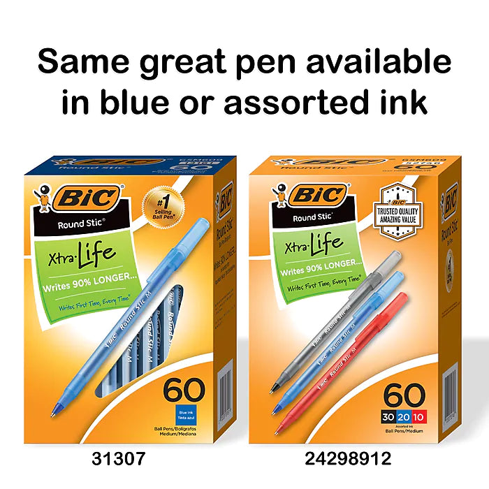BIC Round Stic Xtra-Life Ballpoint Pen, Medium Point, Black Ink, 60/Pack (GSM609-BLK)