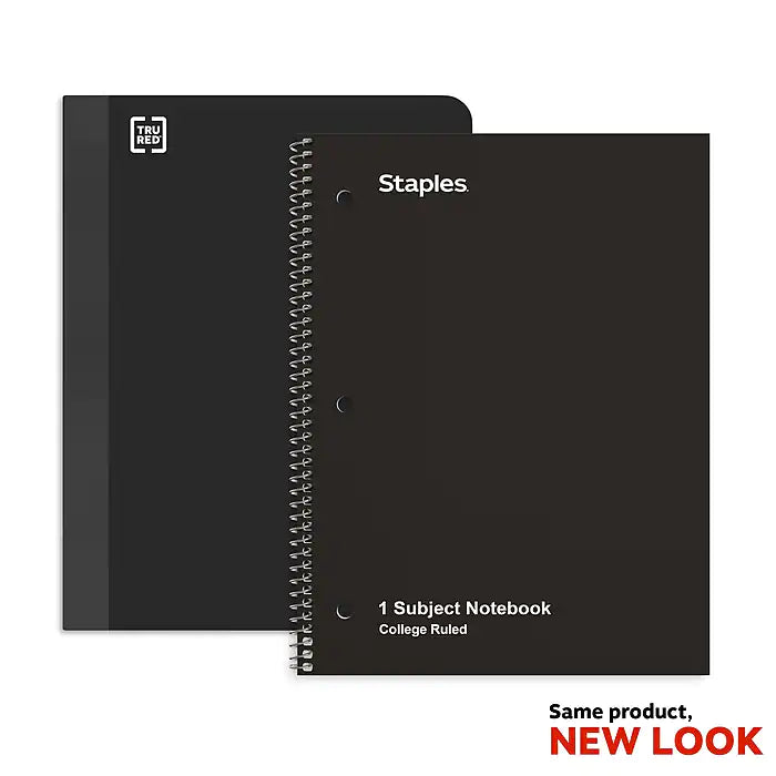 Staples 1-Subject Notebook, 8" x 10.5", College Ruled, 70 Sheets, Black, 6/Pack (TR58374)