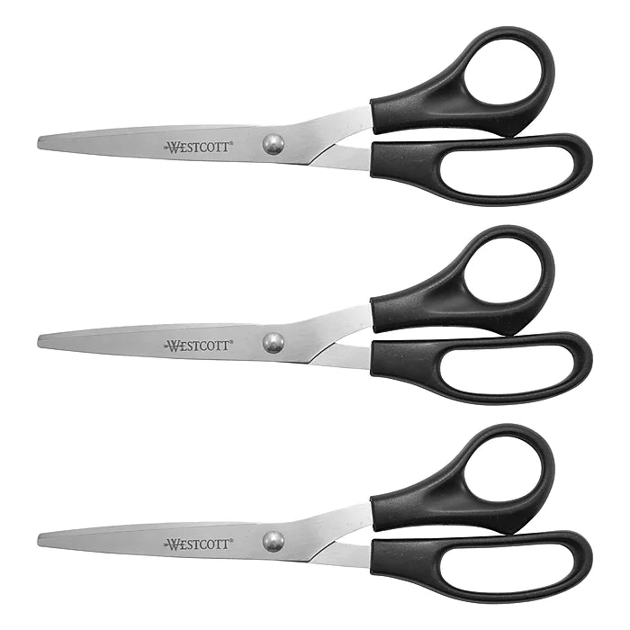 Westcott All Purpose 8" Stainless Steel Multipurpose Scissors, Pointed Tip, Black, 3/Pack (16907)