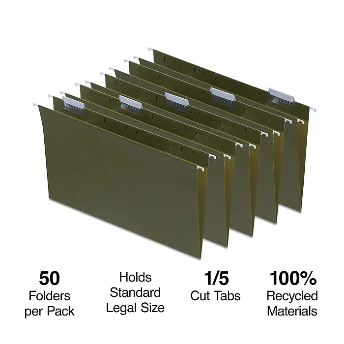 Staples Hanging File Folder, 5-Tab, Legal Size, Standard Green, 50/Box (TR490853)