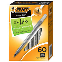 BIC Round Stic Xtra-Life Ballpoint Pen, Medium Point, Black Ink, 60/Pack (GSM609-BLK)