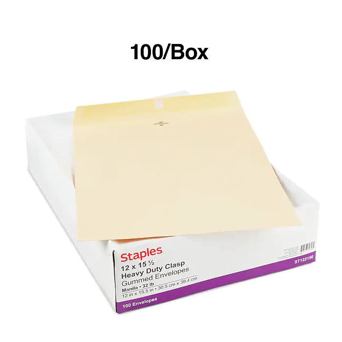 Staples Extra-Heavyweight Clasp & Moistenable Glue Catalog Envelopes, 12" x 15.5", Beige, 100/Box (122150/14209)