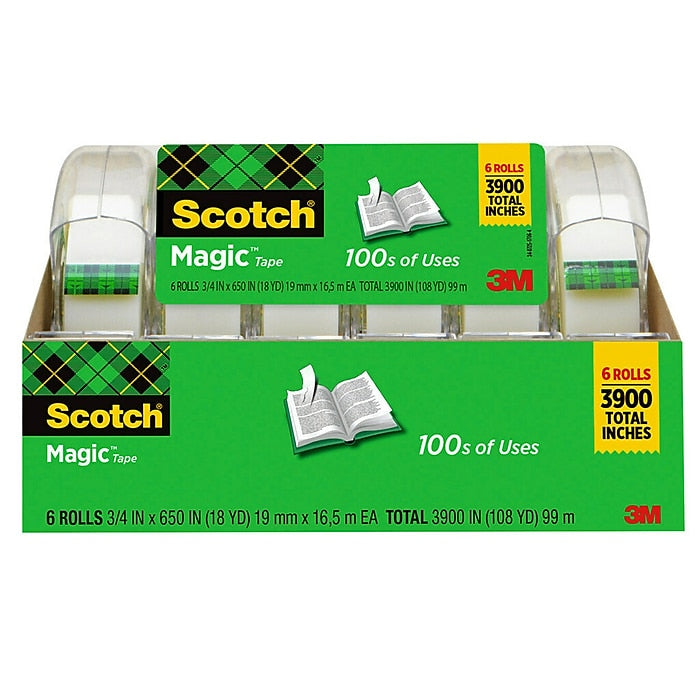 Scotch® Magic™ Tape with Refillable Dispenser, Invisible, Write On, Matte Finish, 3/4" x 18.05 yds., 1" Core, 6 Rolls (6122MP)