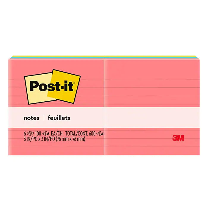 Post-it® Notes, 3" x 3", Poptimistic Collection, Lined, 100 Sheets/Pad, 6 Pads/Pack (630-6AN)