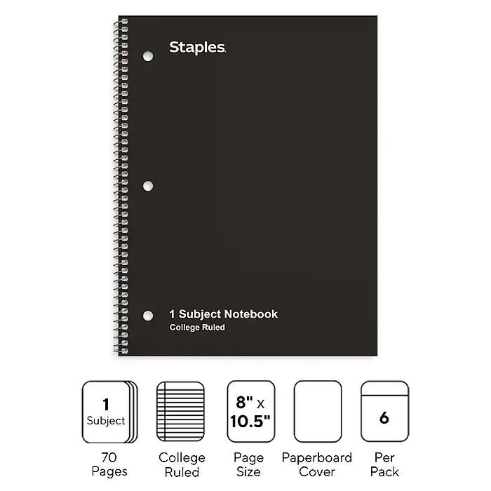 Staples 1-Subject Notebook, 8" x 10.5", College Ruled, 70 Sheets, Black, 6/Pack (TR58374)