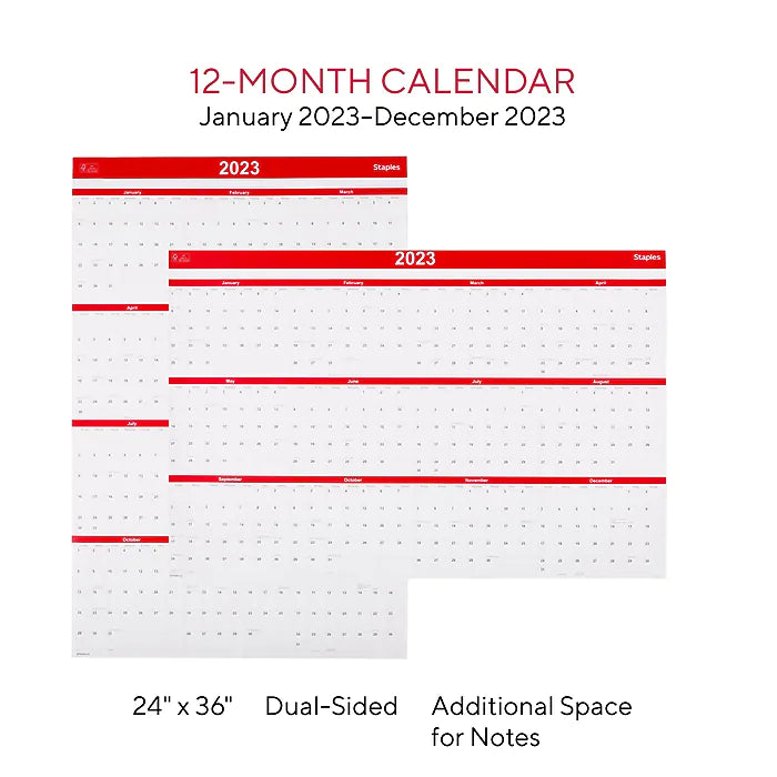 2023 Staples 36" x 24" Wall Calendar, Red (ST53903-23)