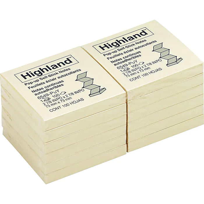 Highland™ Notes, Original Pop-up, Yellow, 3" x 3", 12/Pk