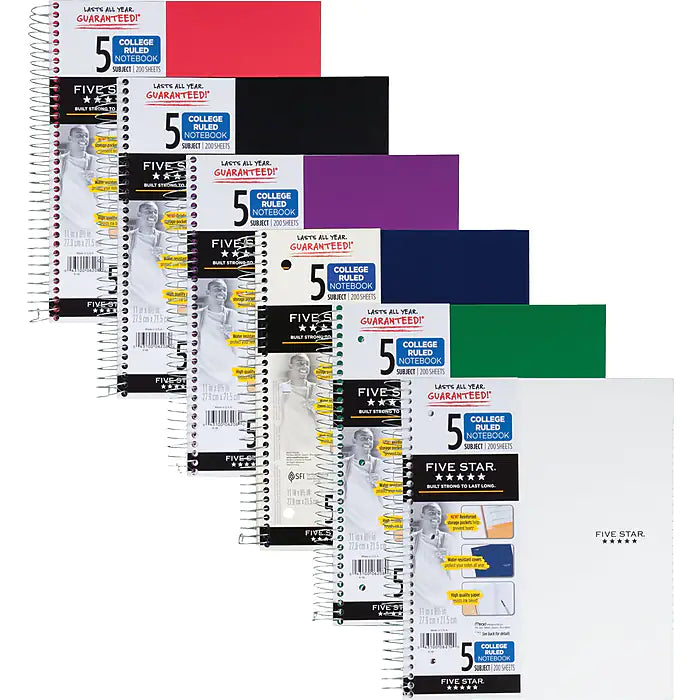 Mead Five Star 5-Subject Notebook, 8.5" x 11", College Ruled, 200 Sheets, Assorted Colors (06112/06208)