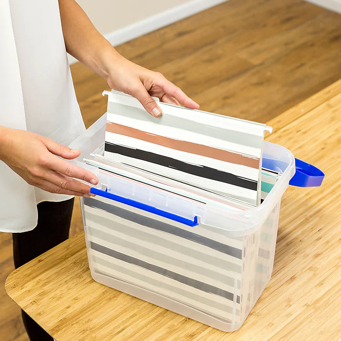 Bankers Box Heavy-Duty Plastic Portable File Storage Box, Letter Size, Blue/Clear (0086301)