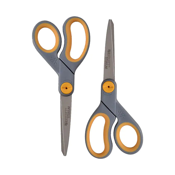 Westcott Titanium Bonded 8" Titanium Multi-Purpose/Heavy Duty Scissor, Sharp Tip, Gray/Yellow, 2/Pack (13901)