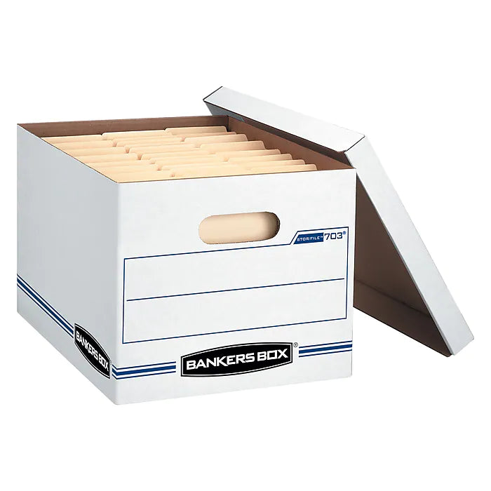 Bankers Box Stor/File Corrugated File Storage Boxes, Lift-Off Lid, Letter/Legal Size, White/Blue, 20/Pack (0070333)