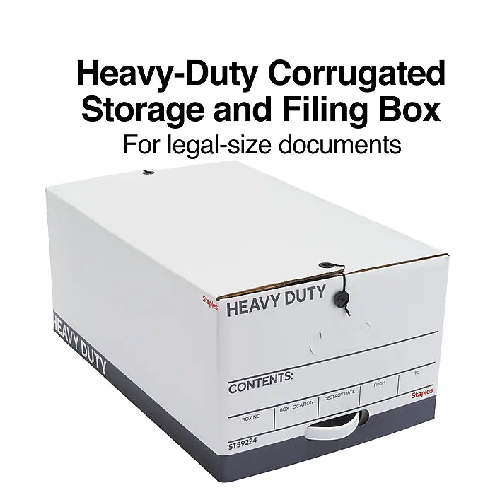 Staples Heavy Duty File Box, String and Button Lid, Legal, White/Gray, 4/Pack (TR59224)