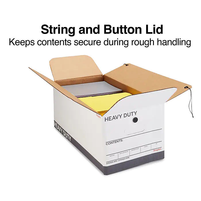 Staples Heavy Duty File Box, String and Button Lid, Letter, White/Gray, 4/Pack (TR59222)