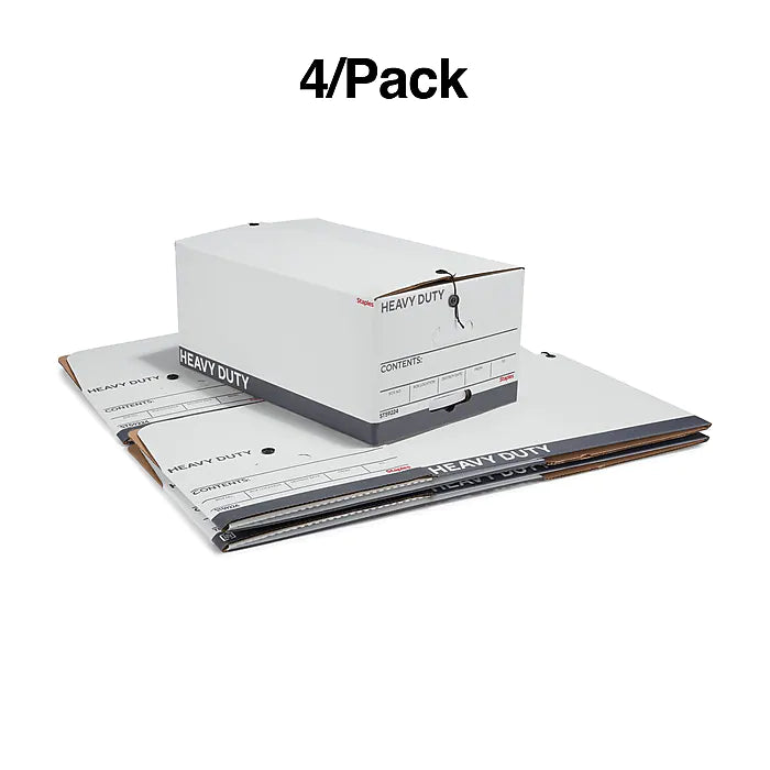 Staples Heavy Duty File Box, String and Button Lid, Legal, White/Gray, 4/Pack (TR59224)