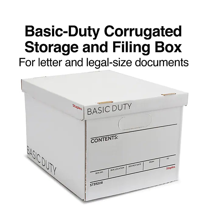 Staples Basic-Duty File Box, Lift Off Lid, Letter/Legal, White/Black, 10/Pack (TR59208)