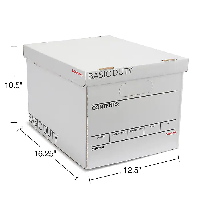 Staples Basic-Duty File Box, Lift Off Lid, Letter/Legal, White/Black, 10/Pack (TR59208)