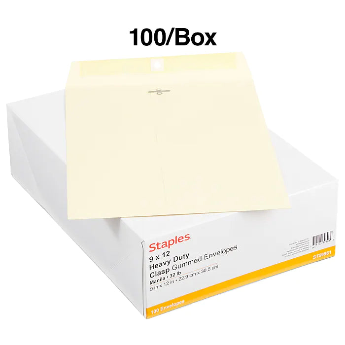 Staples Extra-Heavyweight Clasp & Moistenable Glue Catalog Envelopes, 9"L x 12"H, Manila, 100/Box (121962/19276)