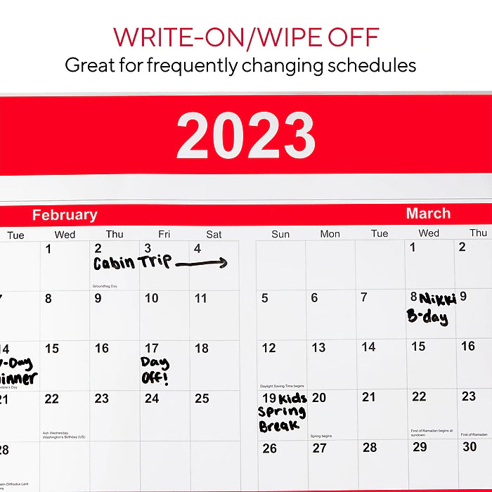 2023 Staples 48" x 32" Dry Erase Wall Calendar, Red/White (ST53911-23)