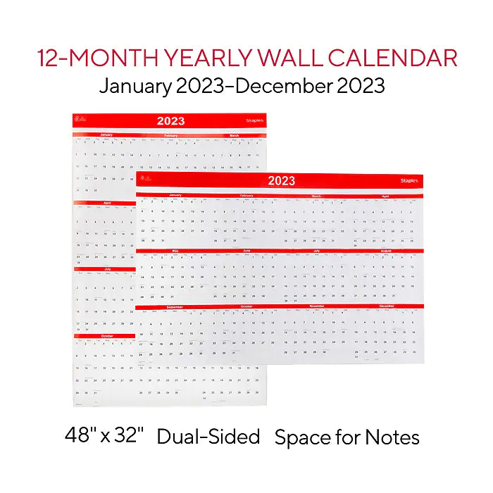 2023 Staples 48" x 32" Dry Erase Wall Calendar, Red/White (ST53911-23)