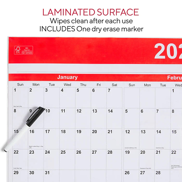 2023 Staples 48" x 32" Dry Erase Wall Calendar, Red/White (ST53911-23)