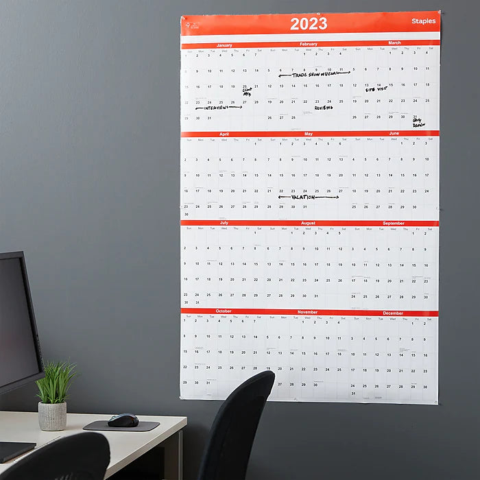 2023 Staples 48" x 32" Dry Erase Wall Calendar, Red/White (ST53911-23)