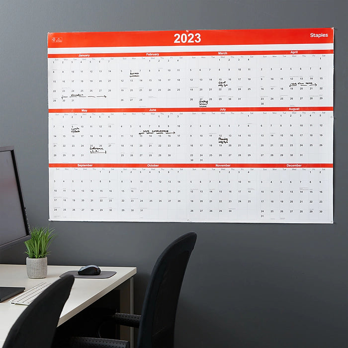 2023 Staples 48" x 32" Dry Erase Wall Calendar, Red/White (ST53911-23)