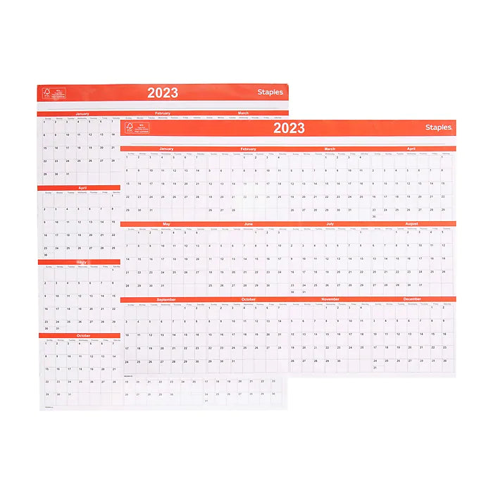 2023 Staples 15.69" x 12" Dry Erase Wall Calendar, Red/White (ST53905-23)