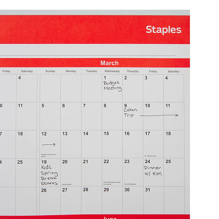 2023 Staples 24" x 36" Wall Calendar, Red/Black/White (ST53999-23)