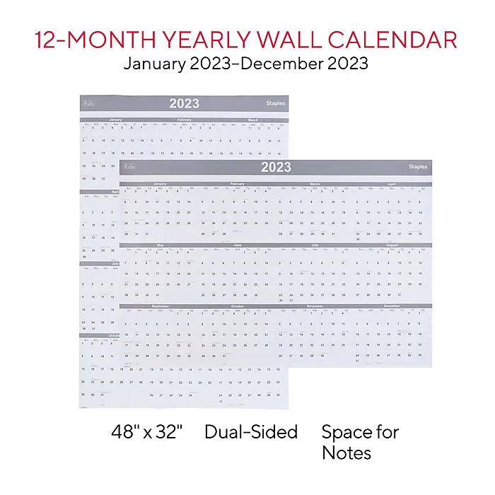 2023 Staples 48" x 32" Dry Erase Wall Calendar, Gray/White (ST58450-23)