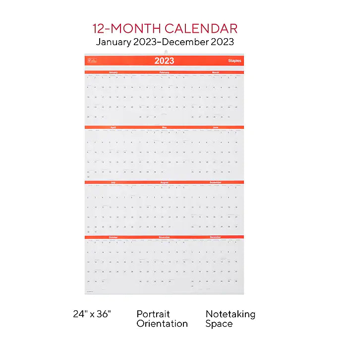 2023 Staples 24" x 36" Wall Calendar, Red/Black/White (ST53999-23)