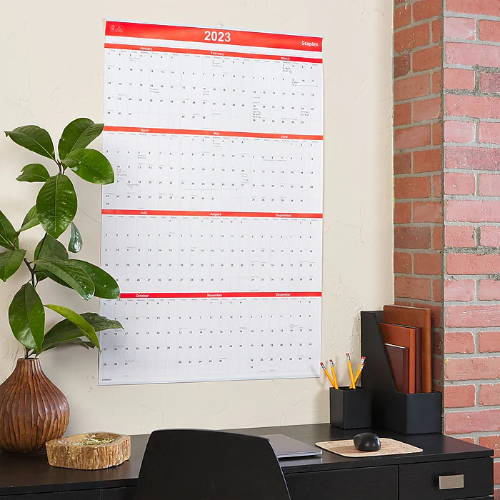 2023 Staples 24" x 36" Wall Calendar, Red/Black/White (ST53999-23)