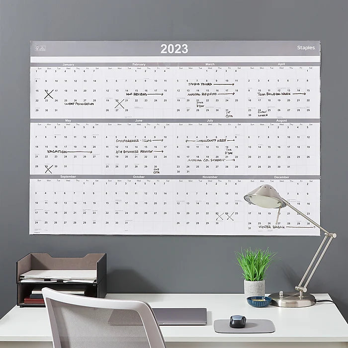 2023 Staples 48" x 32" Dry Erase Wall Calendar, Gray/White (ST58450-23)