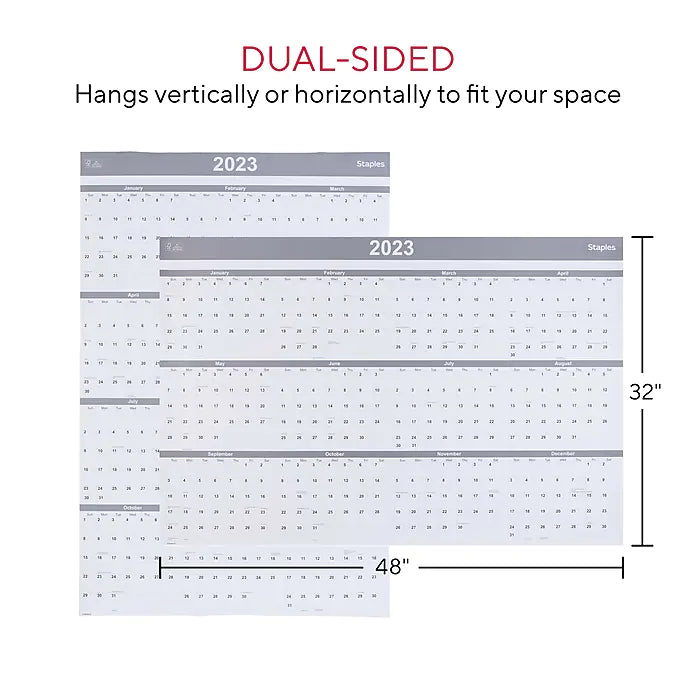 2023 Staples 48" x 32" Dry Erase Wall Calendar, Gray/White (ST58450-23)