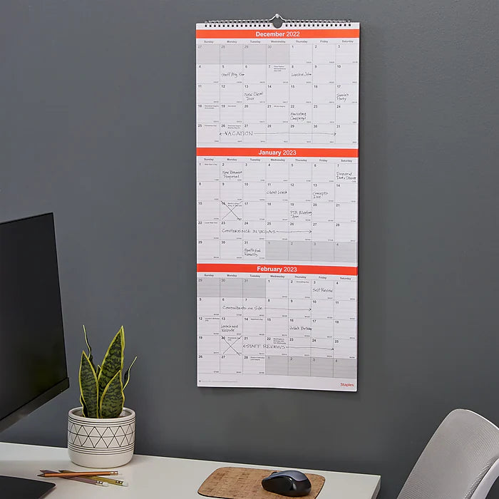 2023 Staples 12" x 27" Wall Calendar, Red/White (ST53920-23)