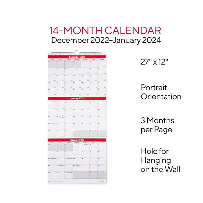 2023 Staples 12" x 27" Wall Calendar, Red/White (ST53920-23)