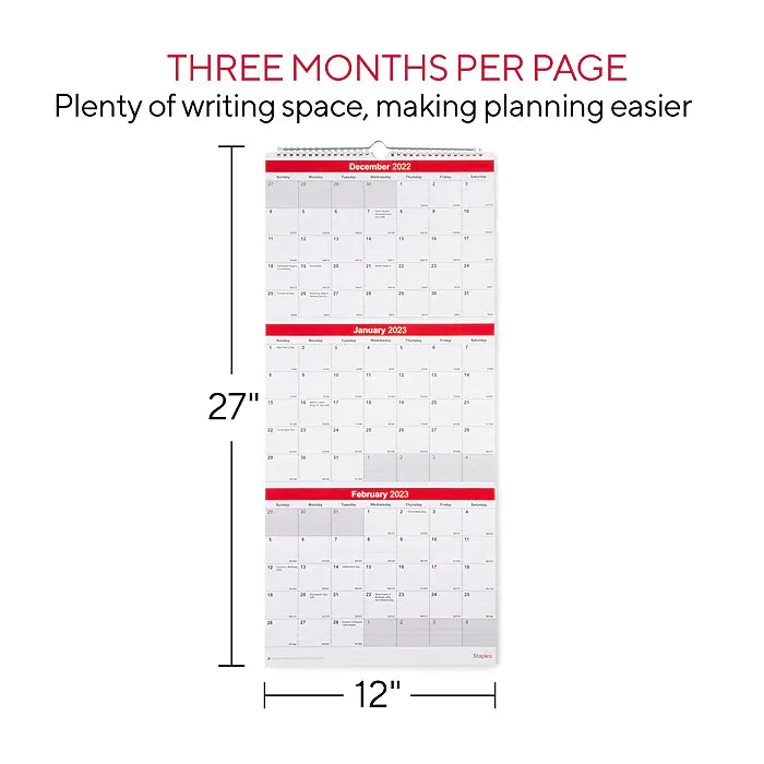 2023 Staples 12" x 27" Wall Calendar, Red/White (ST53920-23)