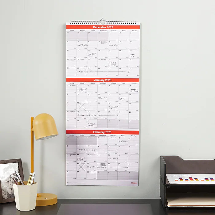 2023 Staples 12" x 27" Wall Calendar, Red/White (ST53920-23)