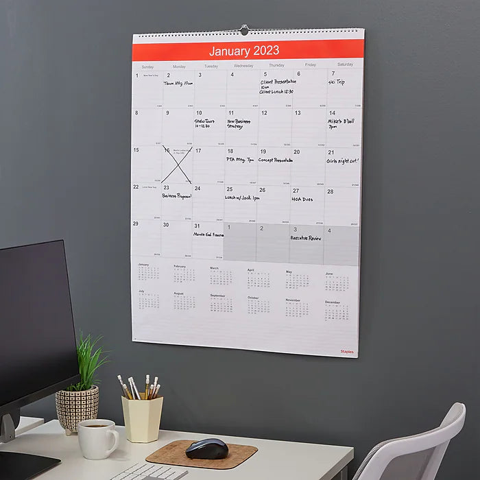 2023 Staples 22" x 29" Wall Calendar, White/Red (ST53914-23)