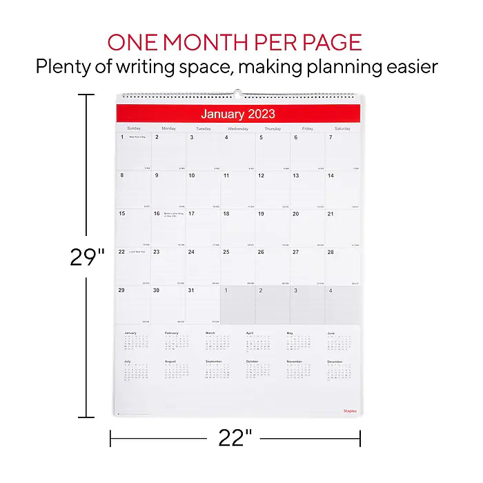 2023 Staples 22" x 29" Wall Calendar, White/Red (ST53914-23)