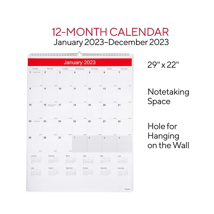 2023 Staples 22" x 29" Wall Calendar, White/Red (ST53914-23)