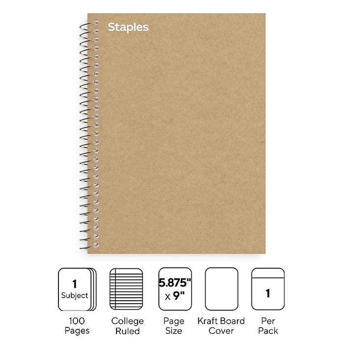 Staples Premium 1-Subject Notebook, 5.875" x 9", College Ruled, 100 Sheets, Brown (TR52120)