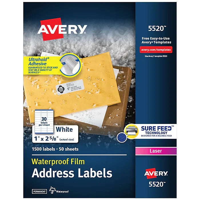 Avery Waterproof Laser Permanent Address Labels, 1" x 2-5/8", 1500 Labels Per Pack (05520)