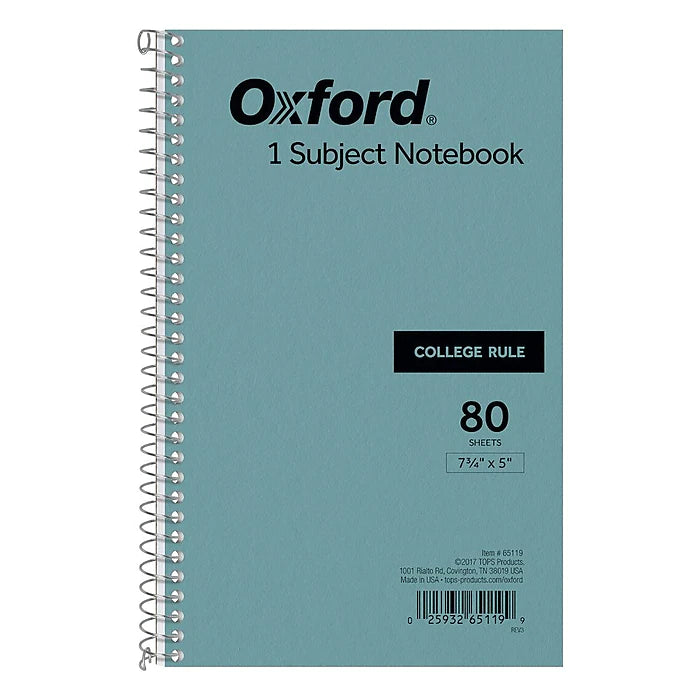 Oxford 1-Subject 5" x 7.75", College Ruled, 80 Sheets, Blue (TOP 65119)