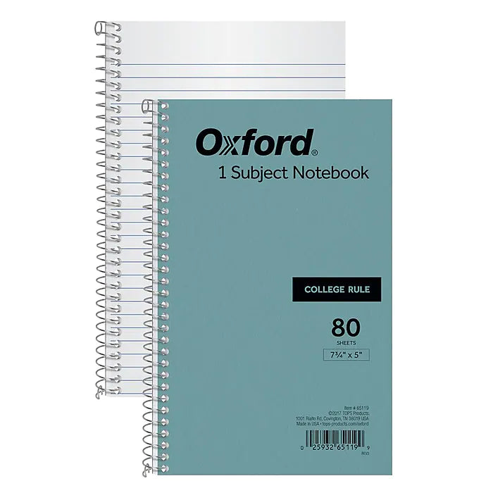 Oxford 1-Subject 5" x 7.75", College Ruled, 80 Sheets, Blue (TOP 65119)