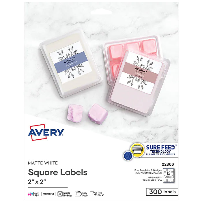 Avery Easy Peel Laser/Inkjet Print-to-the-Edge Specialty Labels, 2" x 2", White, 300 Labels Per Pack (22806)